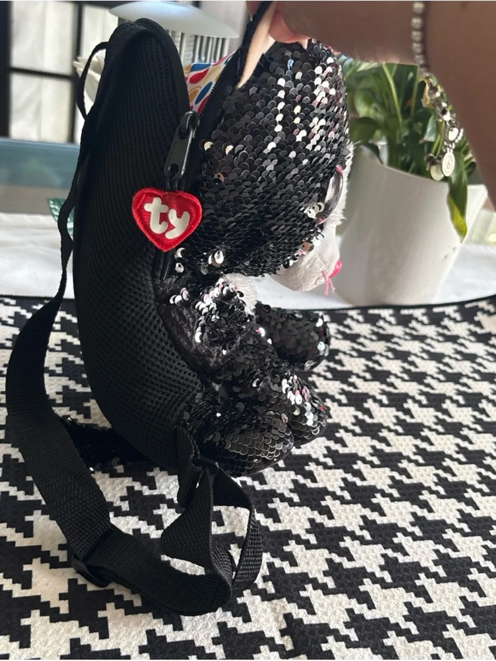 Ty Black & White Sequined Cat Kids Backpack with Pink Accents